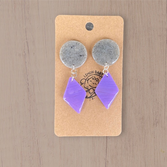 Handmade Lavender Purple and Speckled Grey Earrings - Diamond and Circle Shape - Picture 1 of 5